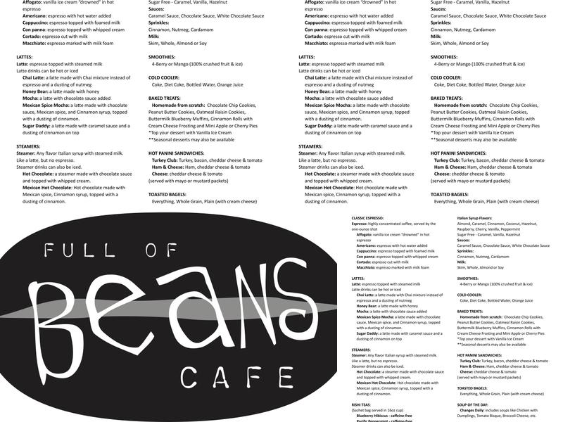 Full of Beans Cafe Menu