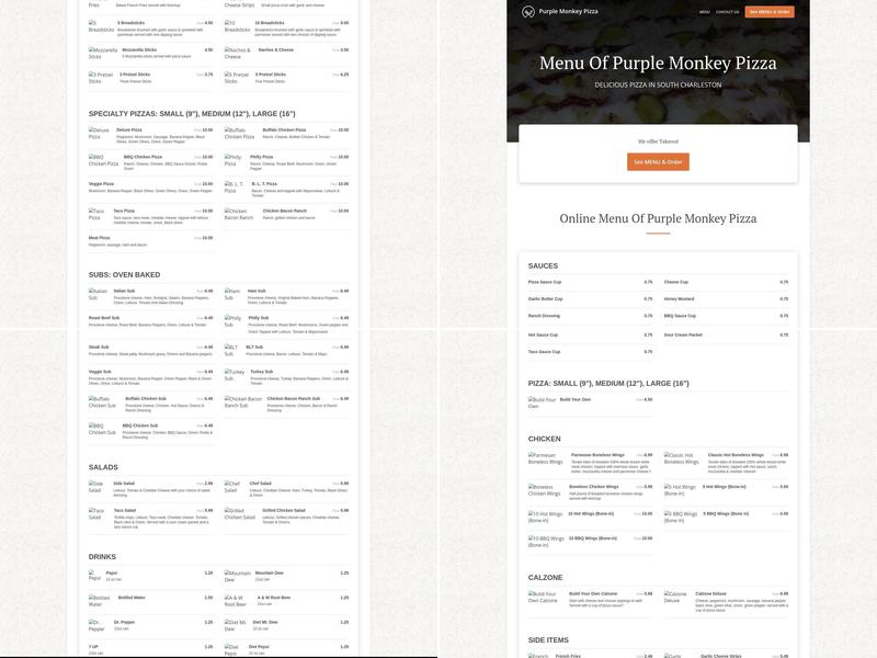 Purple Monkey Pizza Menu