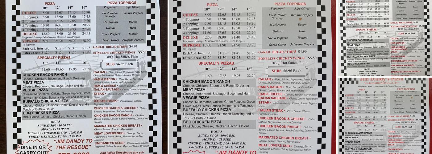Jim Dandy's Pizza Menu