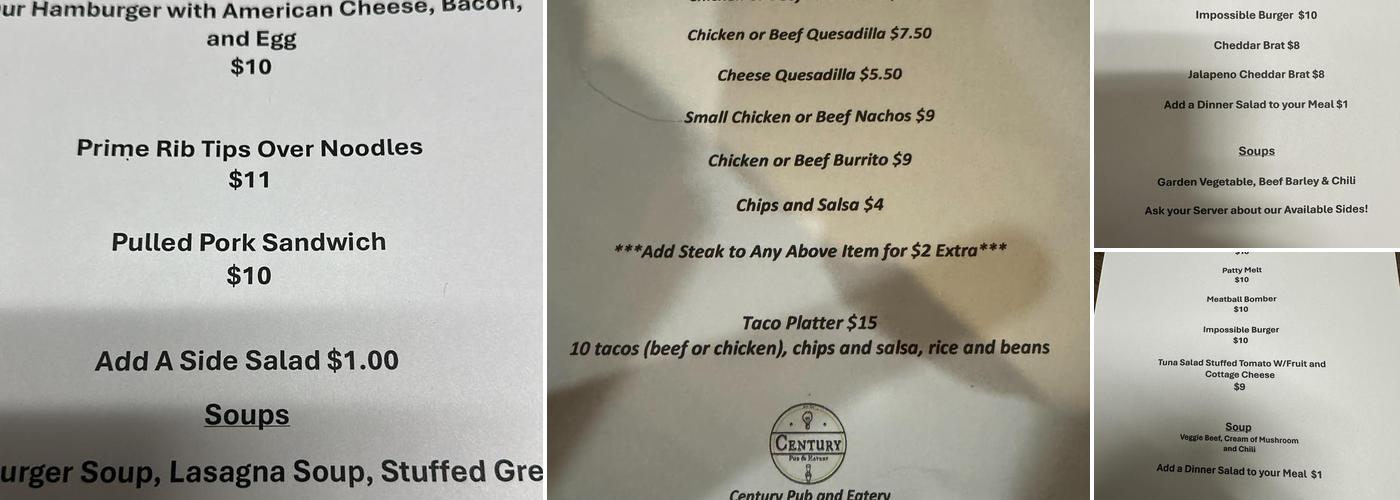 Century Pub and Eatery Menu