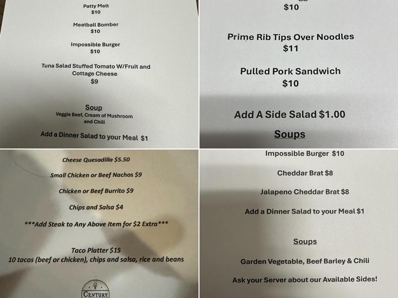 Century Pub and Eatery Menu