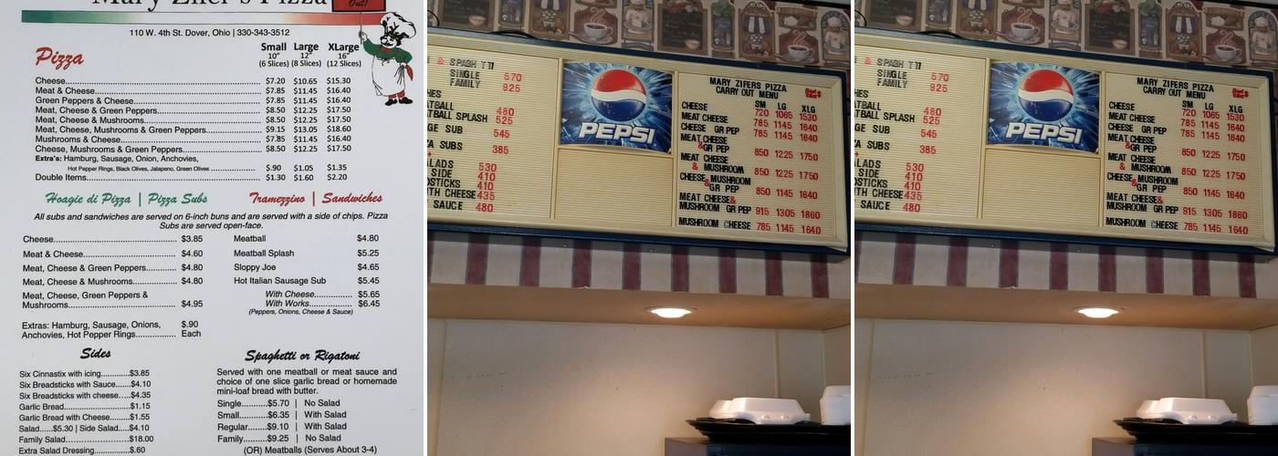 Mary Zifer's Pizza Shop Menu