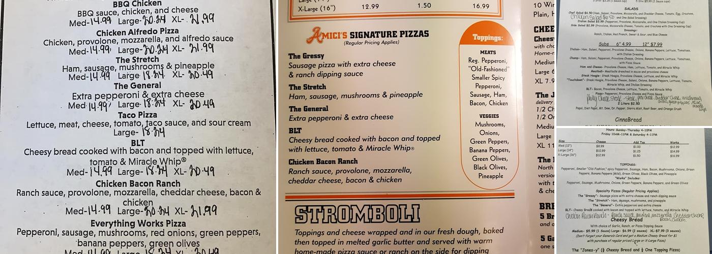 Amici's Pizza Menu