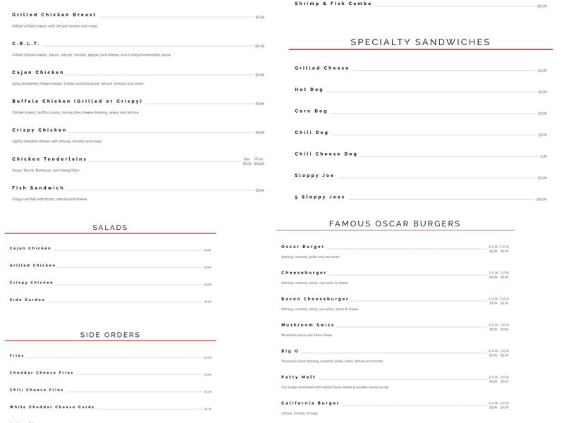 Oscar's Frozen Custard Menu