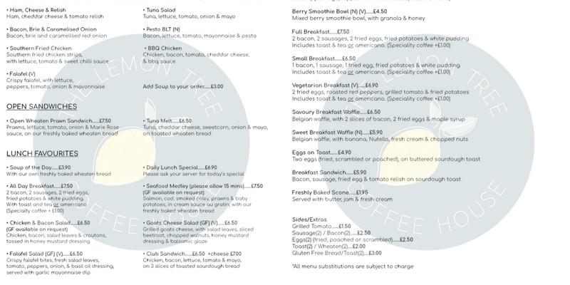 The Lemon Tree Coffee House Menu