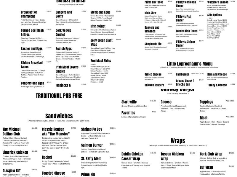 O'Riley & Conway's Irish Pub Menu