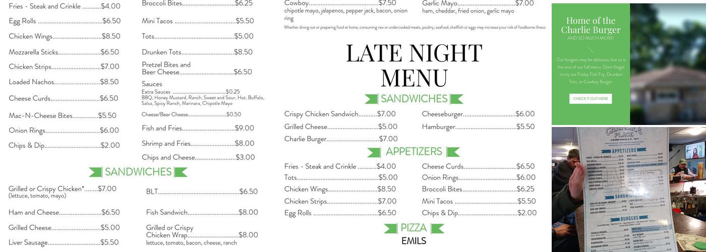 Charlie's Place Menu