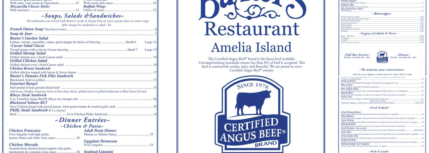 Baxter's Restaurant Menu