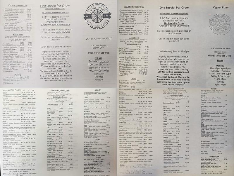 Cygnet Pizza Menu