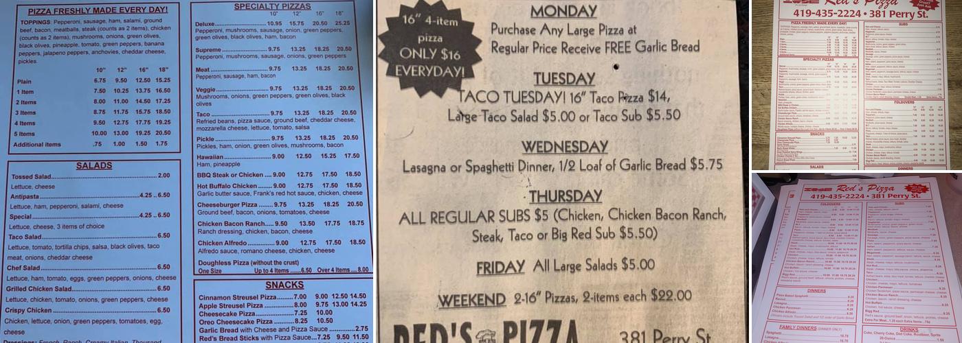 Red's Pizza Menu