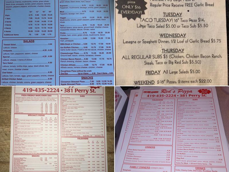 Red's Pizza Menu