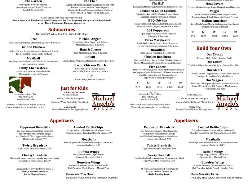 Michael Angelo's Pizza Menu
