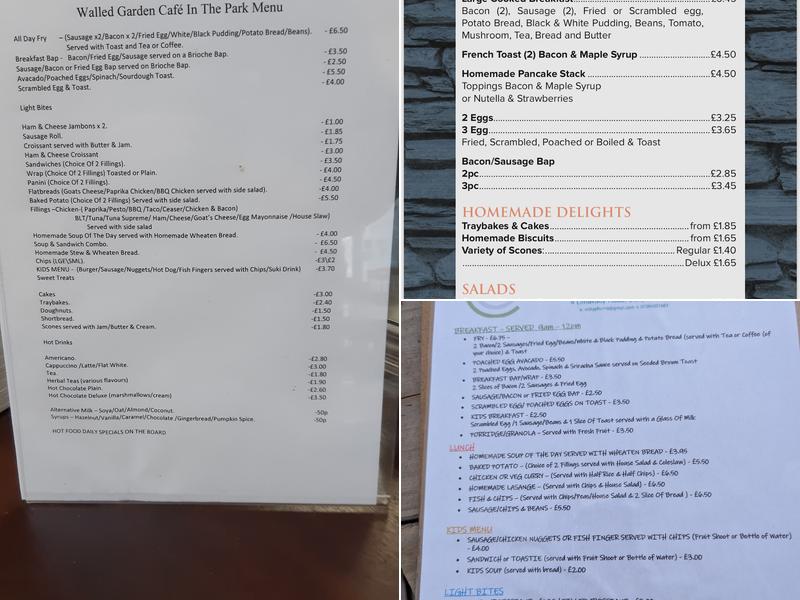 Walled Garden Cafe in the Park Menu