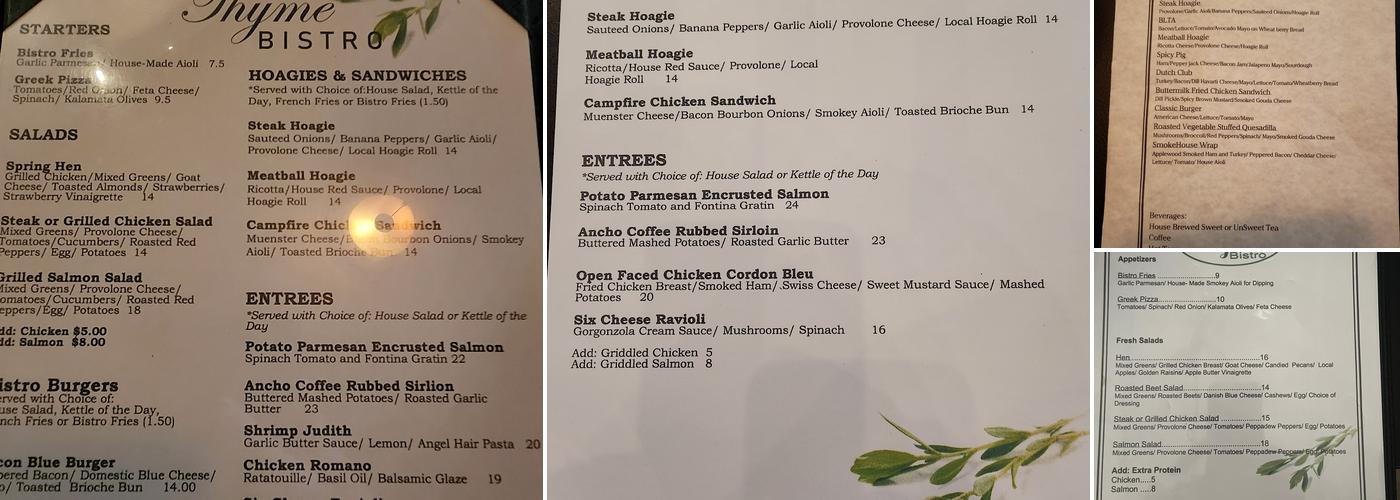 Thyme Bistro Menu
