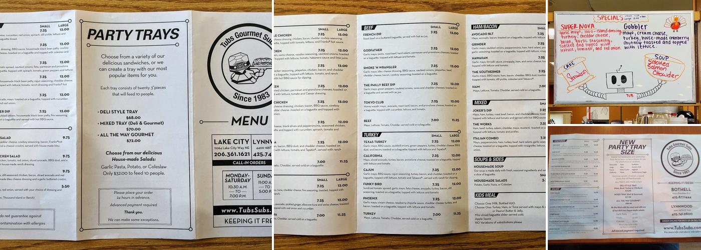 Tubs Gourmet Subs Menu