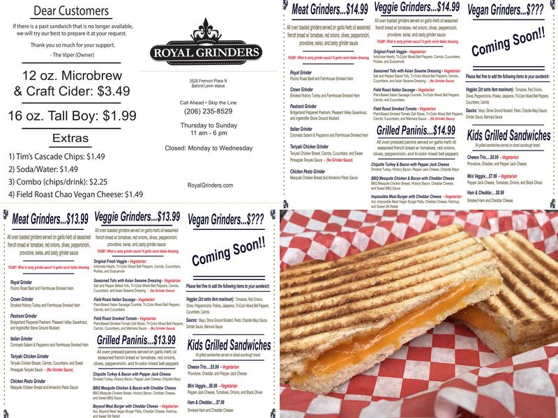 Royal Grinders Menu