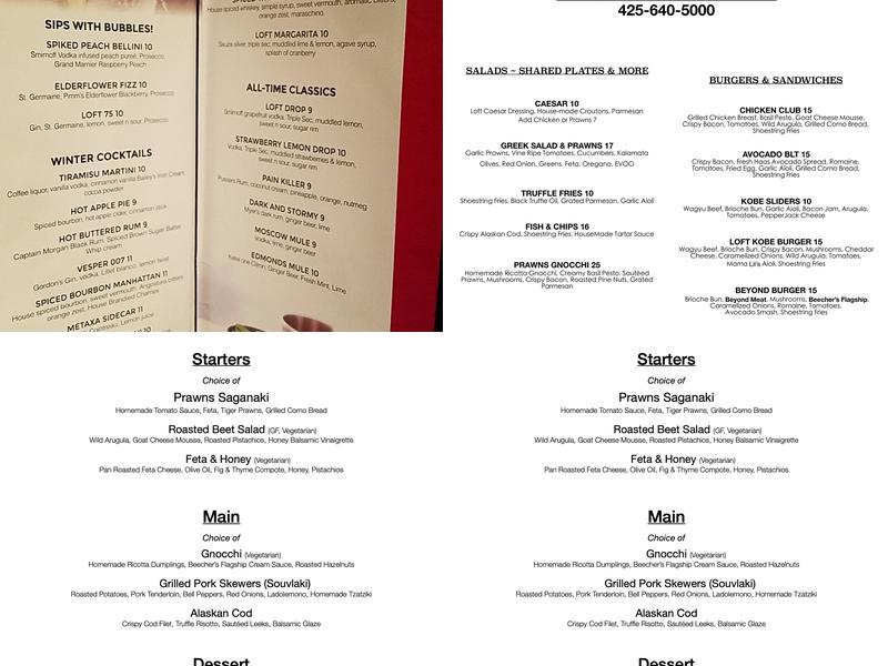 The Loft Kitchen + Bar Menu