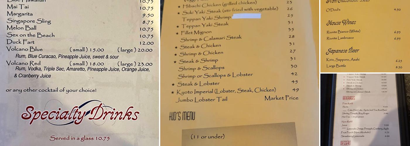 Kyoto Japanese Steakhouse Menu