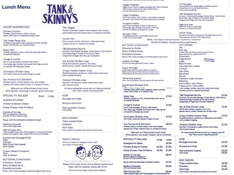 Tank and Skinny's Menu