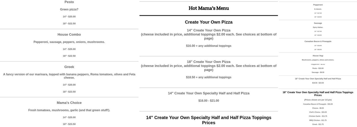 Hot Mama's Pizza Menu