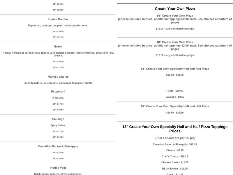 Hot Mama's Pizza Menu