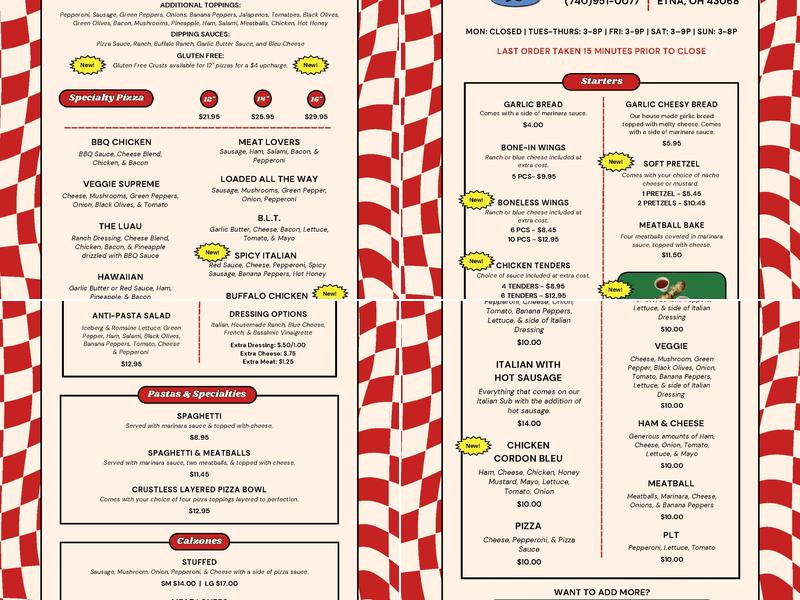 Pizzaroni's Pizza Menu