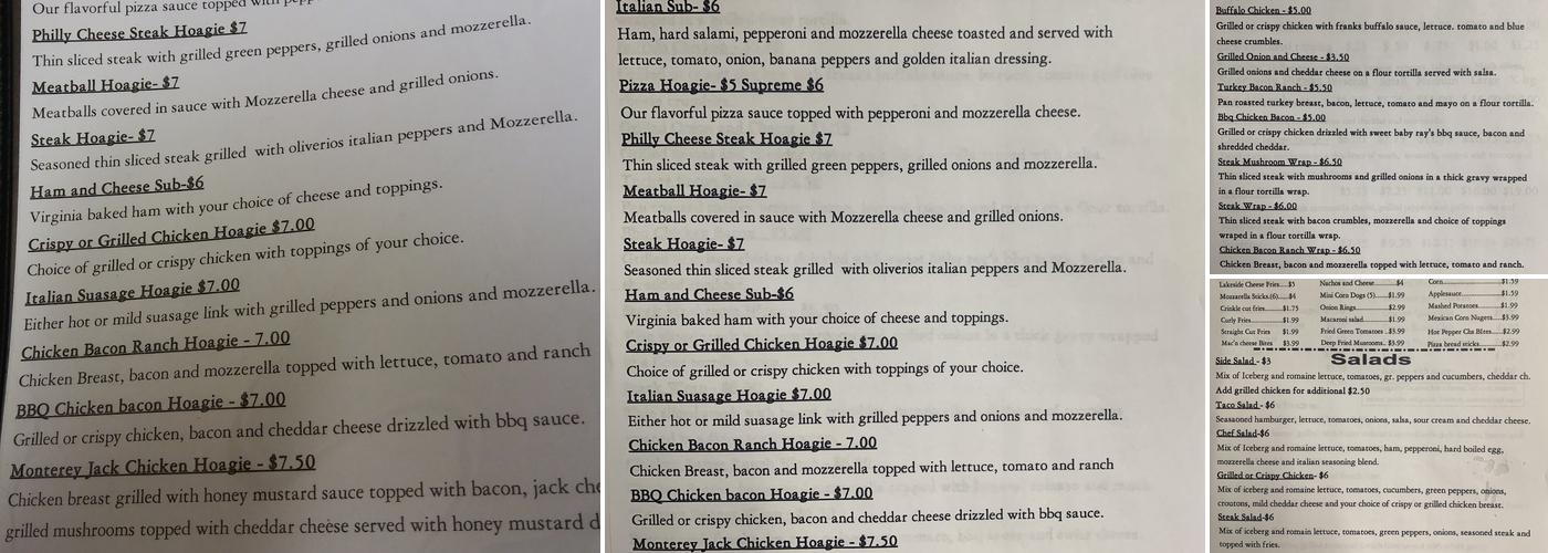 Lakeside General Store Menu