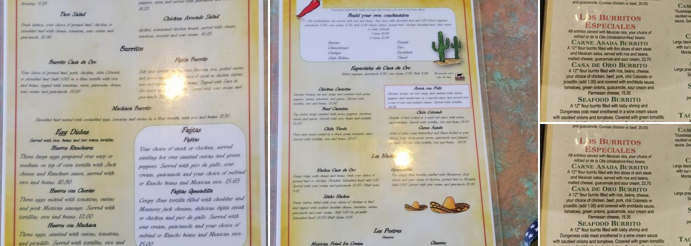 Casa de Oro Menu