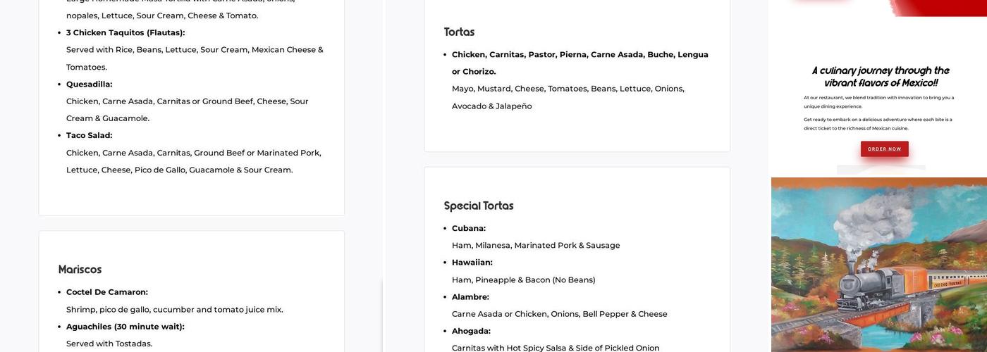 Choo Choo Tortas Menu