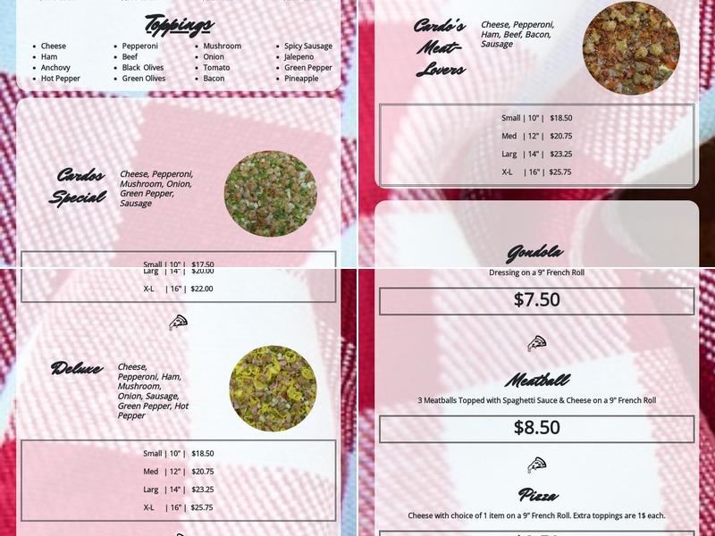 Cardo's Pizza Menu