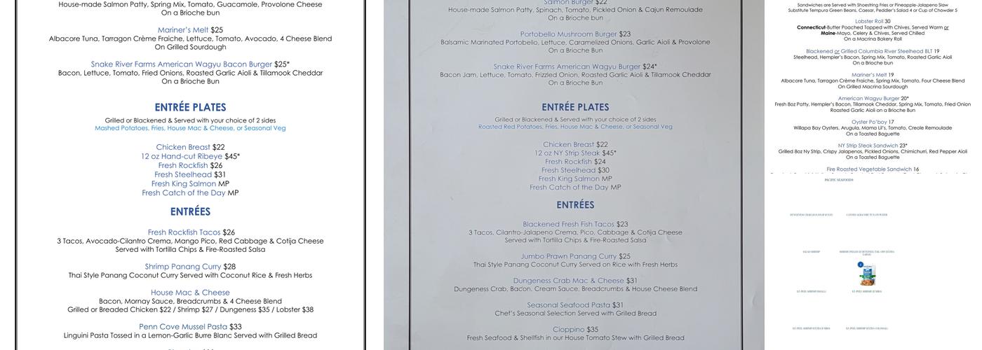 The Fish Peddler Restaurant on Foss Waterway Menu