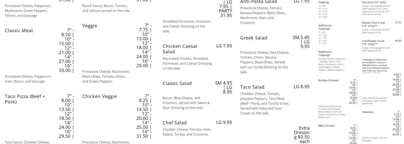 Classic Pizza Menu