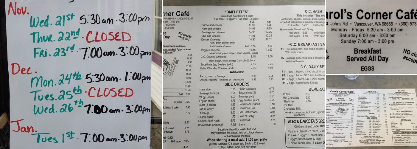Carol's Corner Cafe Menu
