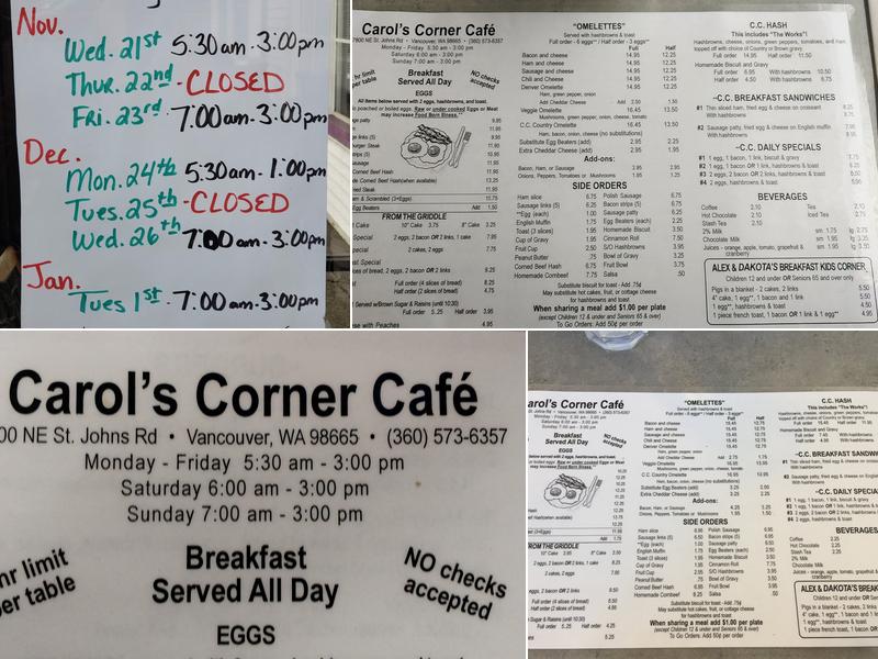 Carol's Corner Cafe Menu