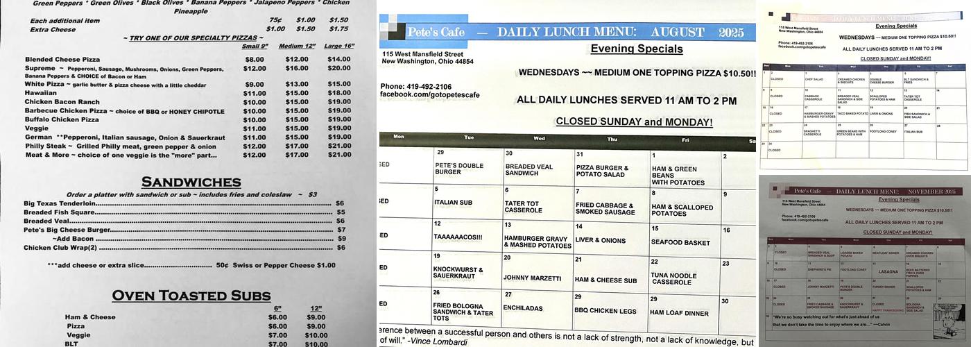 Pete's Cafe Menu