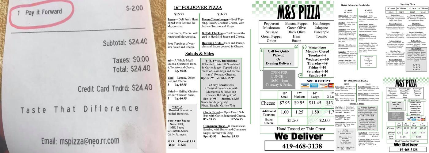 M & S Carry Out & Pizza Menu