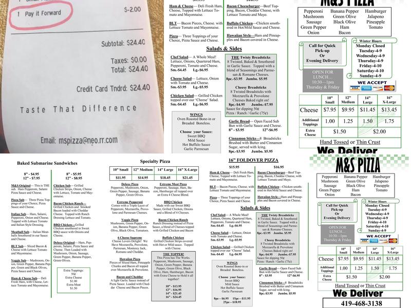 M & S Carry Out & Pizza Menu