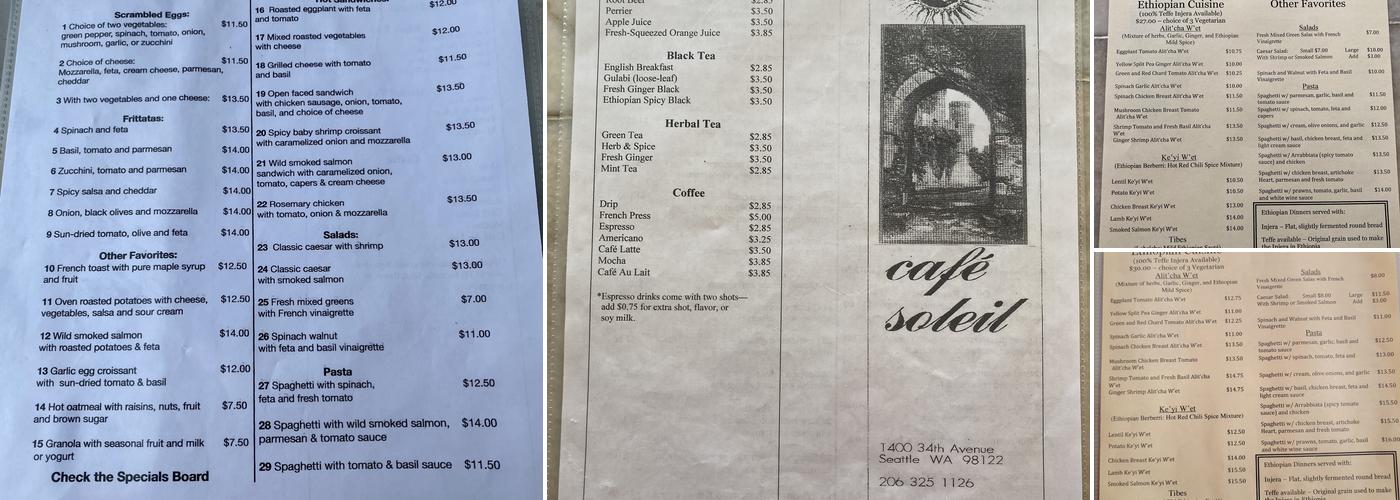 Cafe Soleil Menu