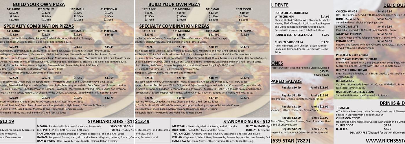 Rich's 5 Star Pizza Menu