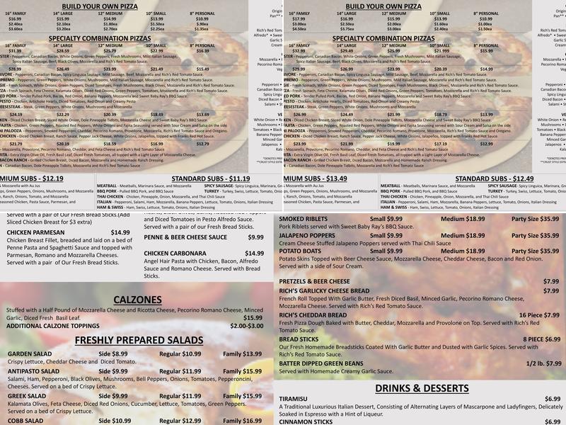 Rich's 5 Star Pizza Menu