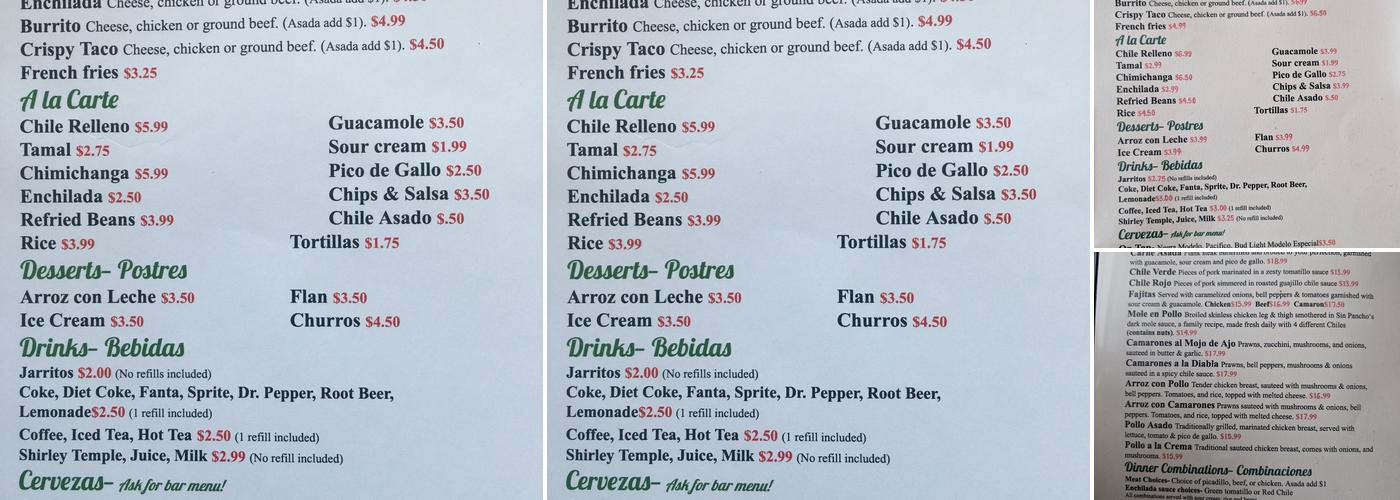 Sin Pancho Mexican Restaurant And Bar Menu