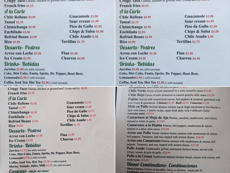 Sin Pancho Mexican Restaurant And Bar Menu