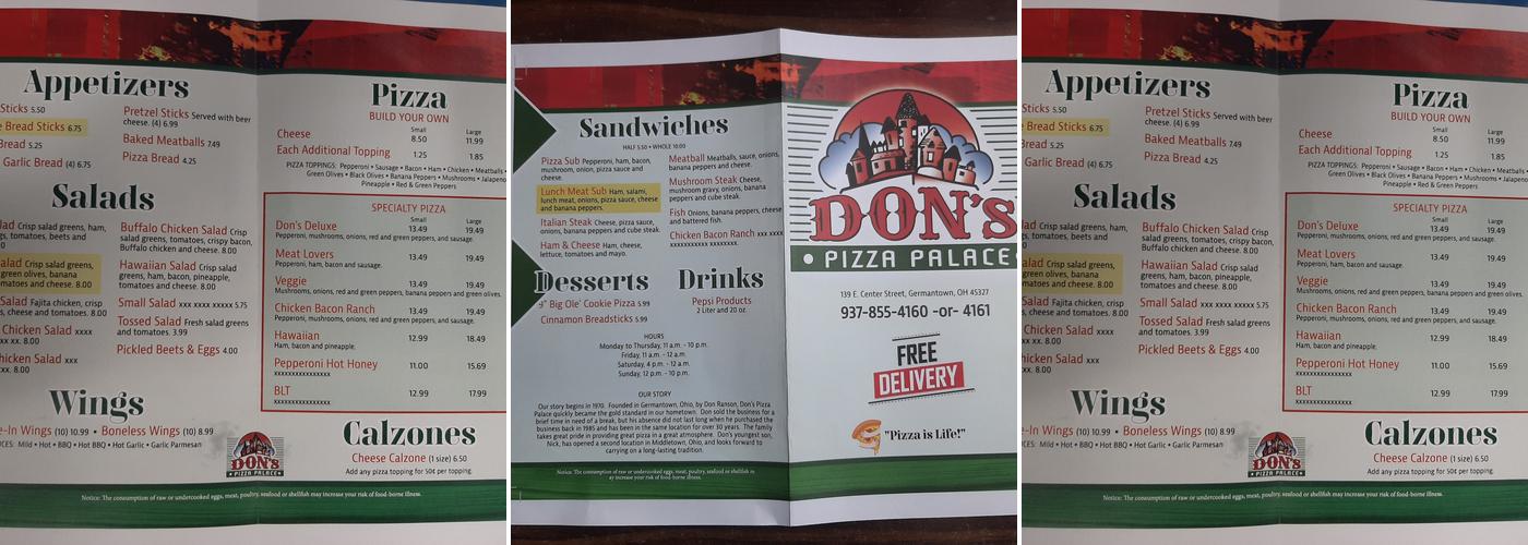 Don's Pizza Palace Menu