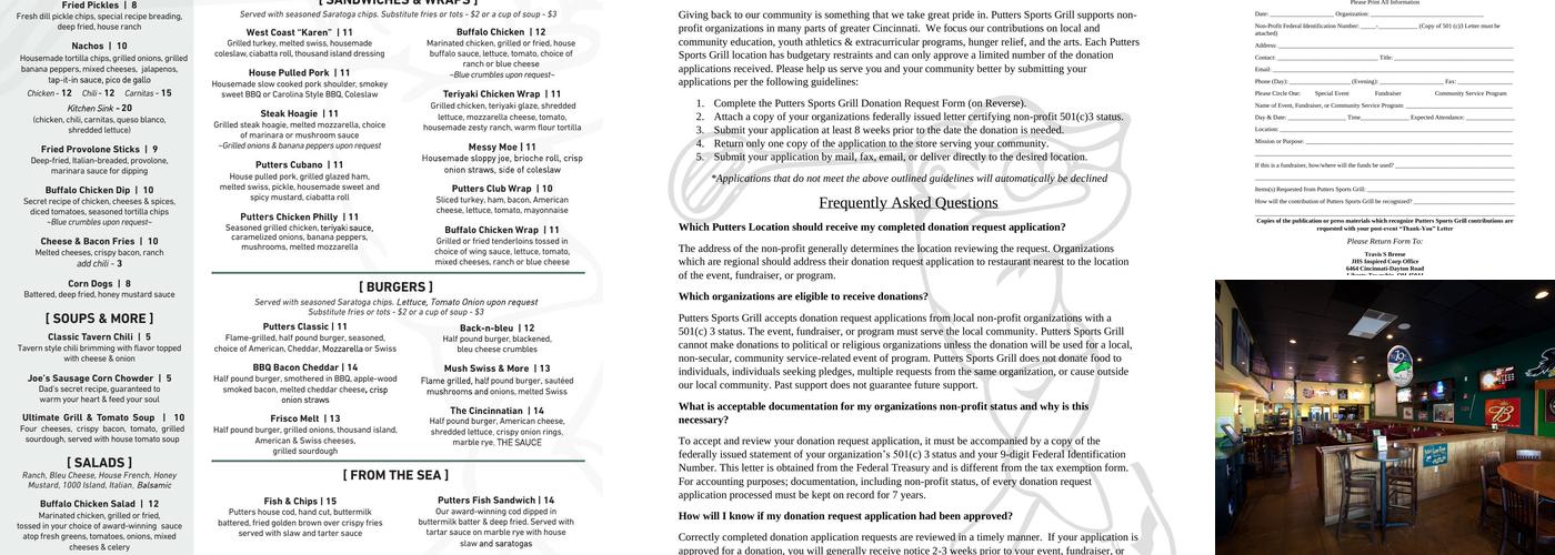 Putters Sports Grill - Maineville Menu