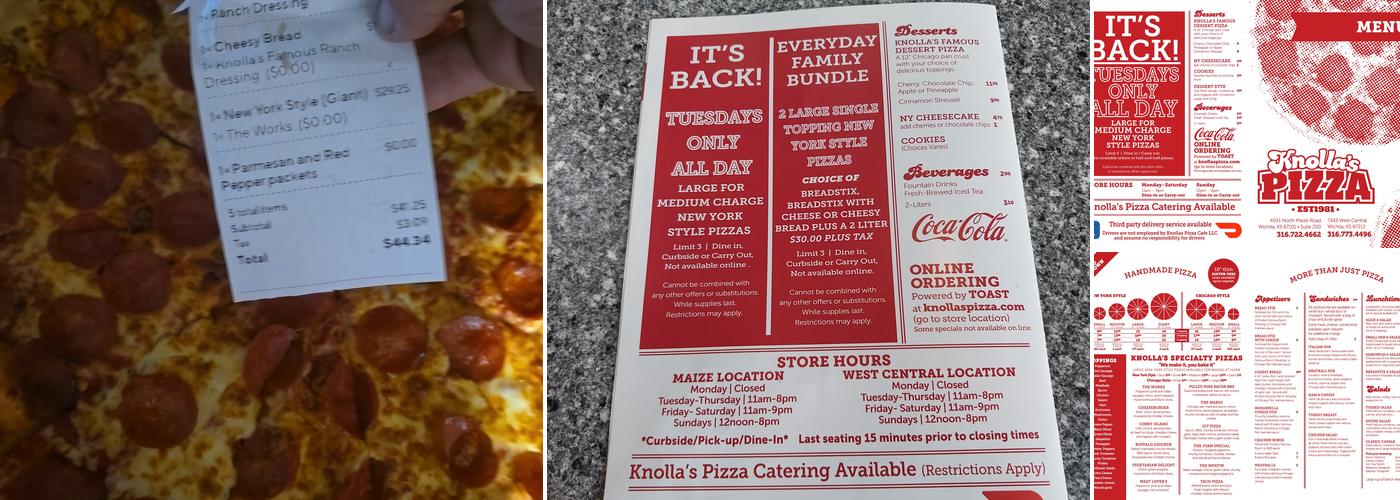 Knolla's Pizza Maize Menu