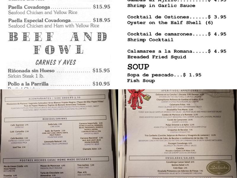 Covadonga Seafood Restaurant Menu