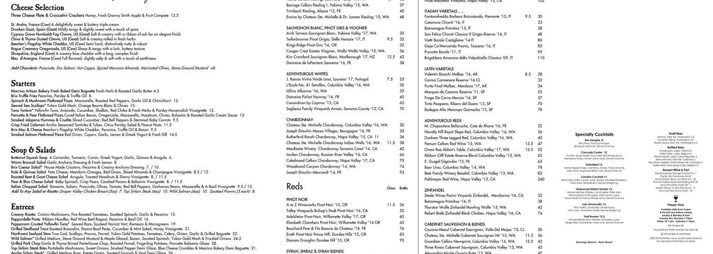 Brix Wine Cafe Menu