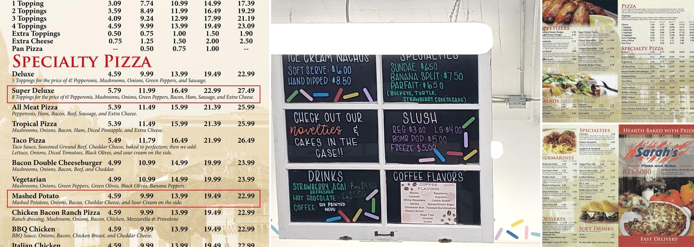 Sarah's Pizza Menu
