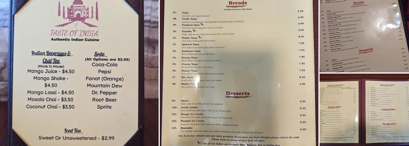 TASTE OF INDIA Menu