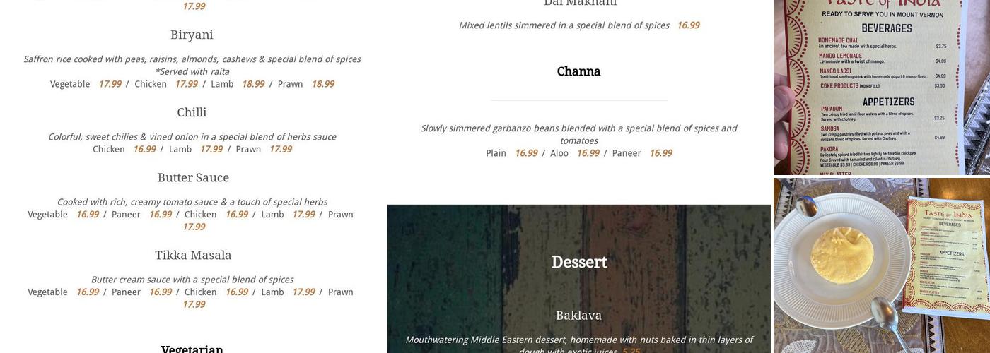 Taste of India Menu